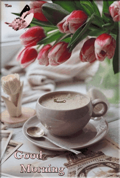 Cup Of Coffee Next To Bouquet Of Flowers Saying Good Morning GIF