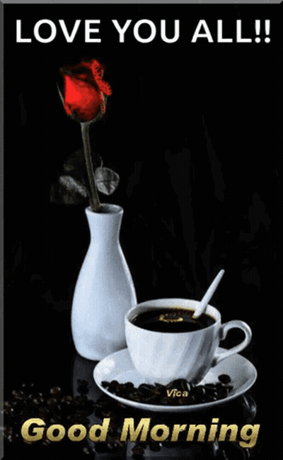 Cup Of Coffee Next To Rose Vase GIF