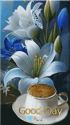 Cup Of Coffee On Saucer Next To Blue Flower GIF