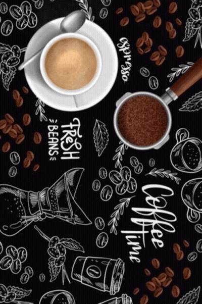 Cup Of Coffee On Saucer Surrounded By Coffee Beans Saying Fresh Beans GIF