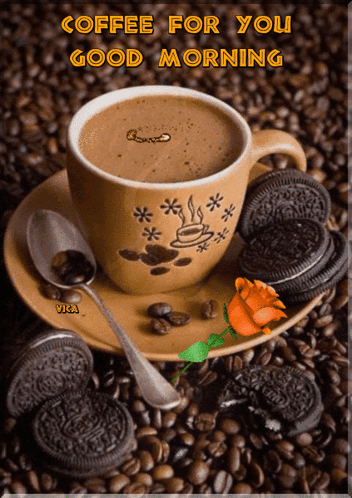 Cup Of Coffee On Saucer With Oreo Cookies GIF