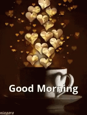 Cup Of Coffee With Gold Hearts And Good Morning Text GIF