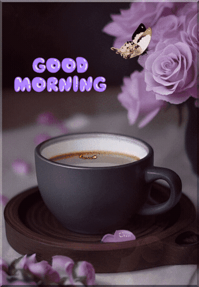 Cup Of Coffee With Purple Roses GIF