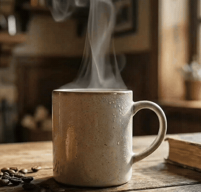 Cup Of Steaming Coffee On Wooden Table GIF