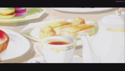Cup Of Tea On Saucer With Desserts And Teapot GIF