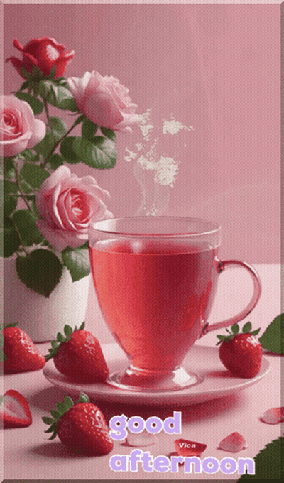 Cup Of Tea With Strawberries Saying Good Afternoon GIF