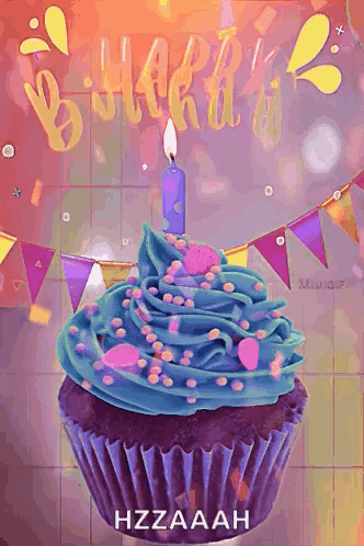 Cupcake With Blue Frosting And Candle GIF