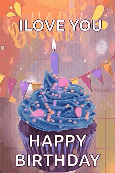 Cupcake With Blue Frosting and Candle Saying Happy Birthday