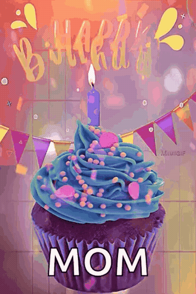Cupcake With Blue Frosting And Sprinkles Saying Mom GIF