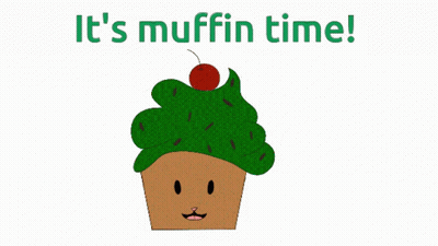 Cupcake With Green Frosting And Cherry Saying It's Muffin Time GIF