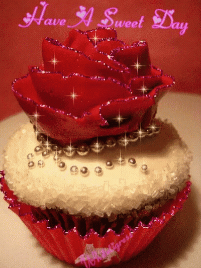 Cupcake With Red Rose Saying Have A Sweet Day GIF