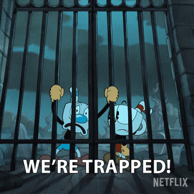 Cuphead And Mickey Mouse Behind Bars Saying We're Trapped GIF