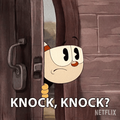 Cuphead Is Peeking Out Of A Wooden Door And Says " Knock Knock " GIF