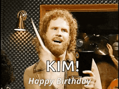 Curly Haired Bearded Man Holding Drum Stick Says Kim Happy Birthday GIF