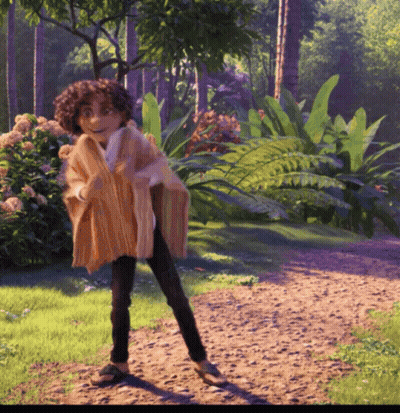 Curly Haired Cartoon Character On Dirt Path In Woods GIF