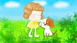 Cute Cartoon Girl Pats Dogs Head GIF