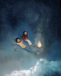 Cute Doodle Couple Aesthetic Night Sky Bonfire Lights GIF