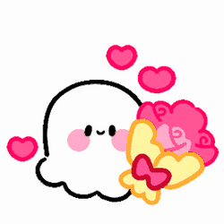 Cute Ghost Bringing Pink Bouquet Of Flowers GIF