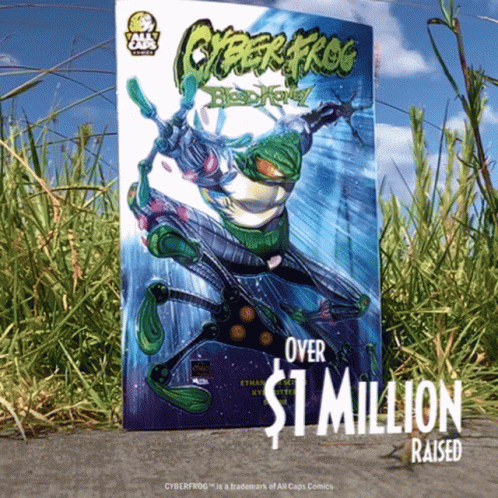 Cyber Frog Comic Book Sitting On Grassy Surface GIF