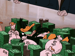 Daffy Laying On Bed Of Money GIF