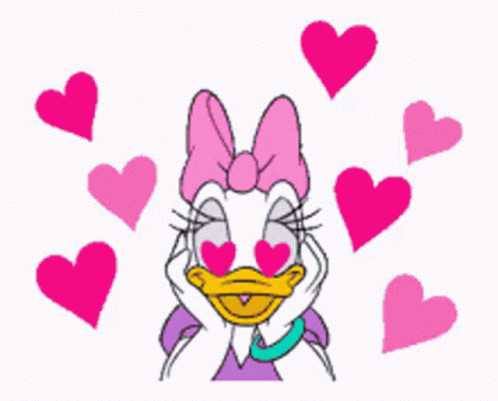 Daisy Duck Is Surrounded By Pink Hearts And Covering Her Eyes With Her Hands . GIF