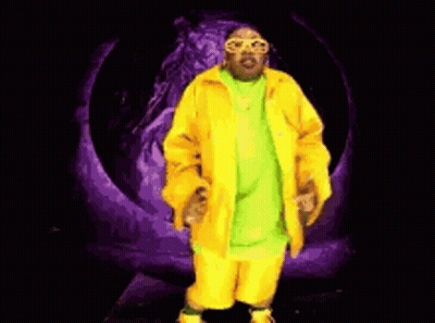 Dancing Man In Yellow Jacket Green Shirt Purple Tunnel GIF