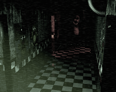 Dark Hallway With Checkered Floor And Skeleton GIF