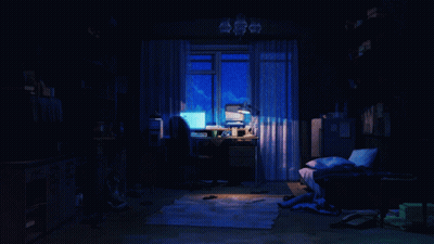 Dark Room With Computer Desk And Bed GIF
