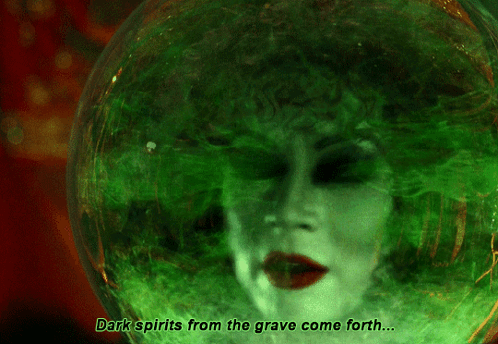 Dark Spirits From The Grave Come Forth Is Written On A Green Background GIF