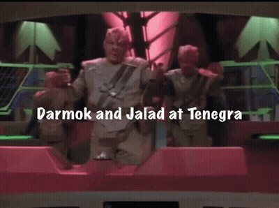 Darmok And Jalad At Tenega Are Standing In Front Of A Group Of Soldiers GIF