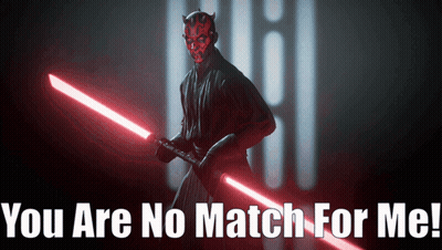Darth Maul con dos sables de luz diciendo No eres rival para mí GIF