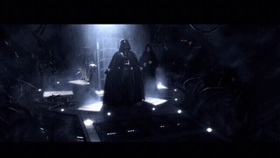 Darth Vader And Emperor Palpatine Are Standing In A Dark Room With Lights On The Floor GIF