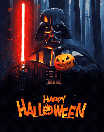 Darth Vader Holding Red Lightsaber and Pumpkin Saying Happy Halloween