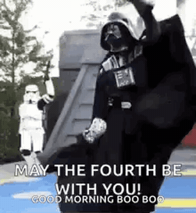 Darth Vader Is Dancing In Front Of Stormtroopers And Says `` May The Fourth Be With You ! '' GIF