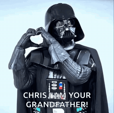 Darth Vader Is Making A Heart Shape With His Hands And Says `` Chris I Am Your Grandfather '' . GIF