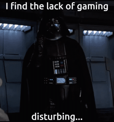 Darth Vader Is Standing In A Dark Room With The Words " I Find The Lack Of Gaming Disturbing " Below Him GIF