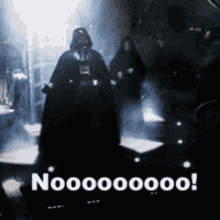 Darth Vader Is Standing In A Dark Room With The Words Nooo On The Bottom GIF