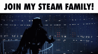 Darth Vader Is Standing In Front Of A Wall With The Words Join My Steam Family GIF