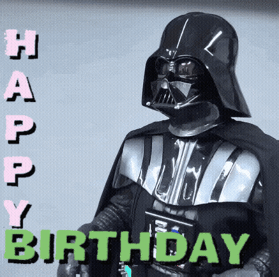 Darth Vader Is Wearing A Helmet And Cape With The Words Happy Birthday Written On It GIF