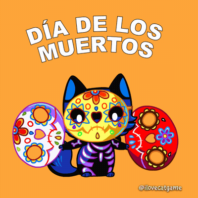 Day Of The Dead Cat In Sugar Skull Costume Holding Two Skulls GIF