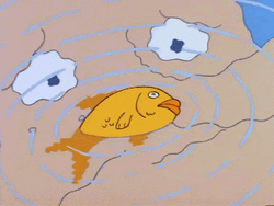 Dead Goldfish With Reflection Of Cartoon Character GIF
