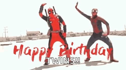 Deadpool And Spider-Man Are Dancing In Front Of A Sign That Says Happy Birthday Twins GIF