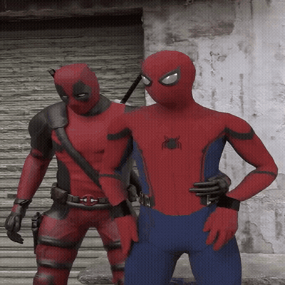 Deadpool And Spider-Man Pose For A Photo Together GIF