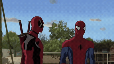 Deadpool And Spider-Man Standing Next To Each Other With Trees In The Background GIF