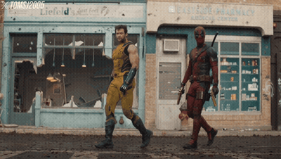 Deadpool And Thor Walking Past East Side Pharmacy GIF
