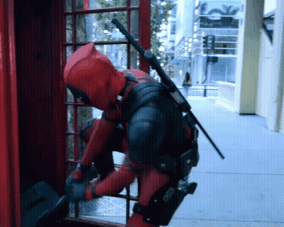 Deadpool Costume In Red Phone Booth GIF
