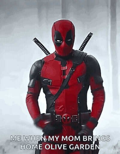 Deadpool In Red And Black Costume With Two Swords GIF