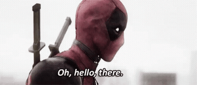 Deadpool Is Holding A Sword And Saying `` Oh , Hello , There '' . GIF