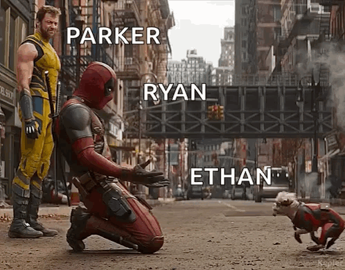 Deadpool Is Kneeling Down In Front Of Ryan And Ethan In A City Street . GIF