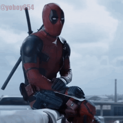 Deadpool Is Sitting On A Ledge With A Sword In His Hand And The Hashtag @ Yoboy654 GIF